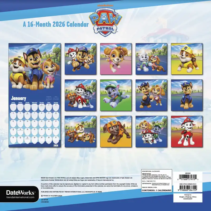 Place Order 2026 Paw Patrol Wall Calendar